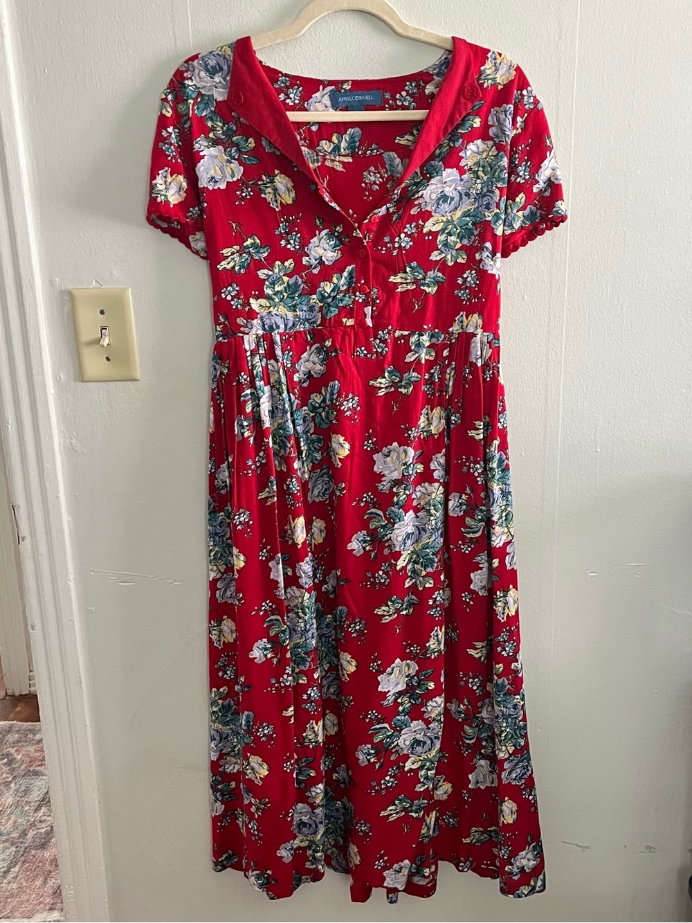 April Cornell Floral Red Dress Sz M Button Front Midi Cottagecore Boho Peasant